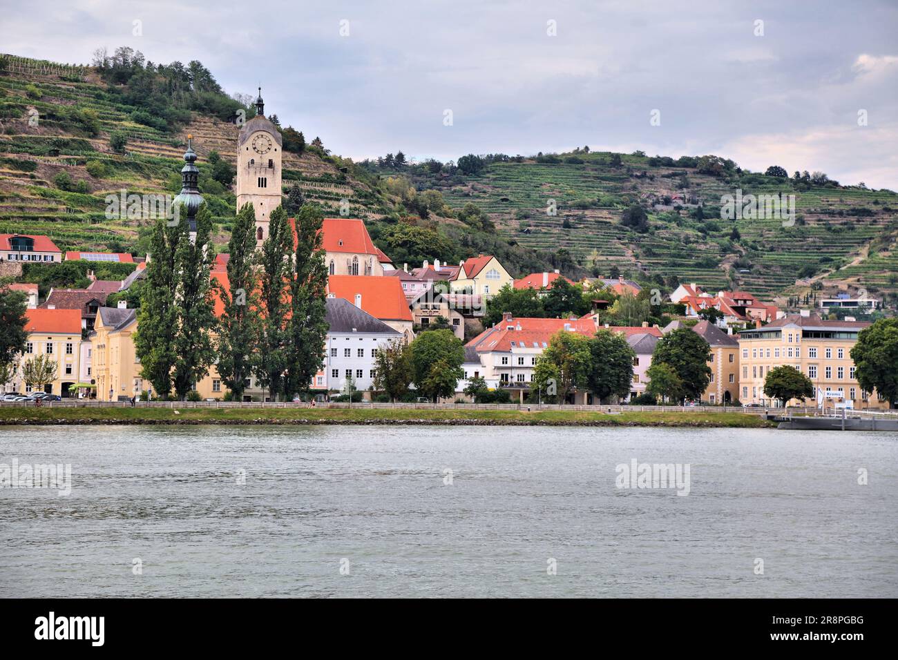 Krems town in Austria region Wachau. Krems town view with Danube river and vineyards. Stock Photo