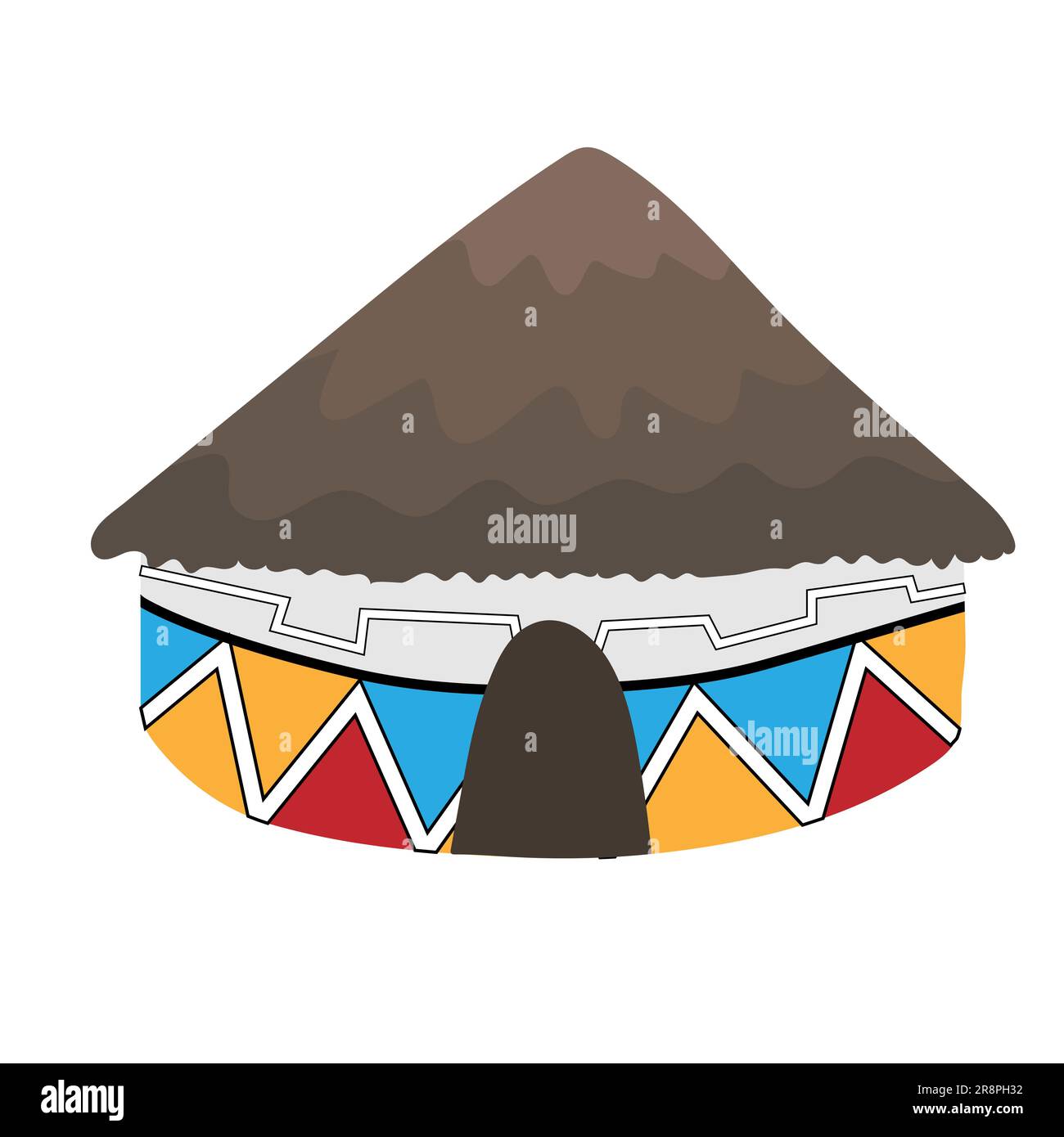 Ndebele African house with grey thatched roof isolated on white background. Bright colored decorated clay walls. Geometrical pattern. Hand drawn doodl Stock Vector
