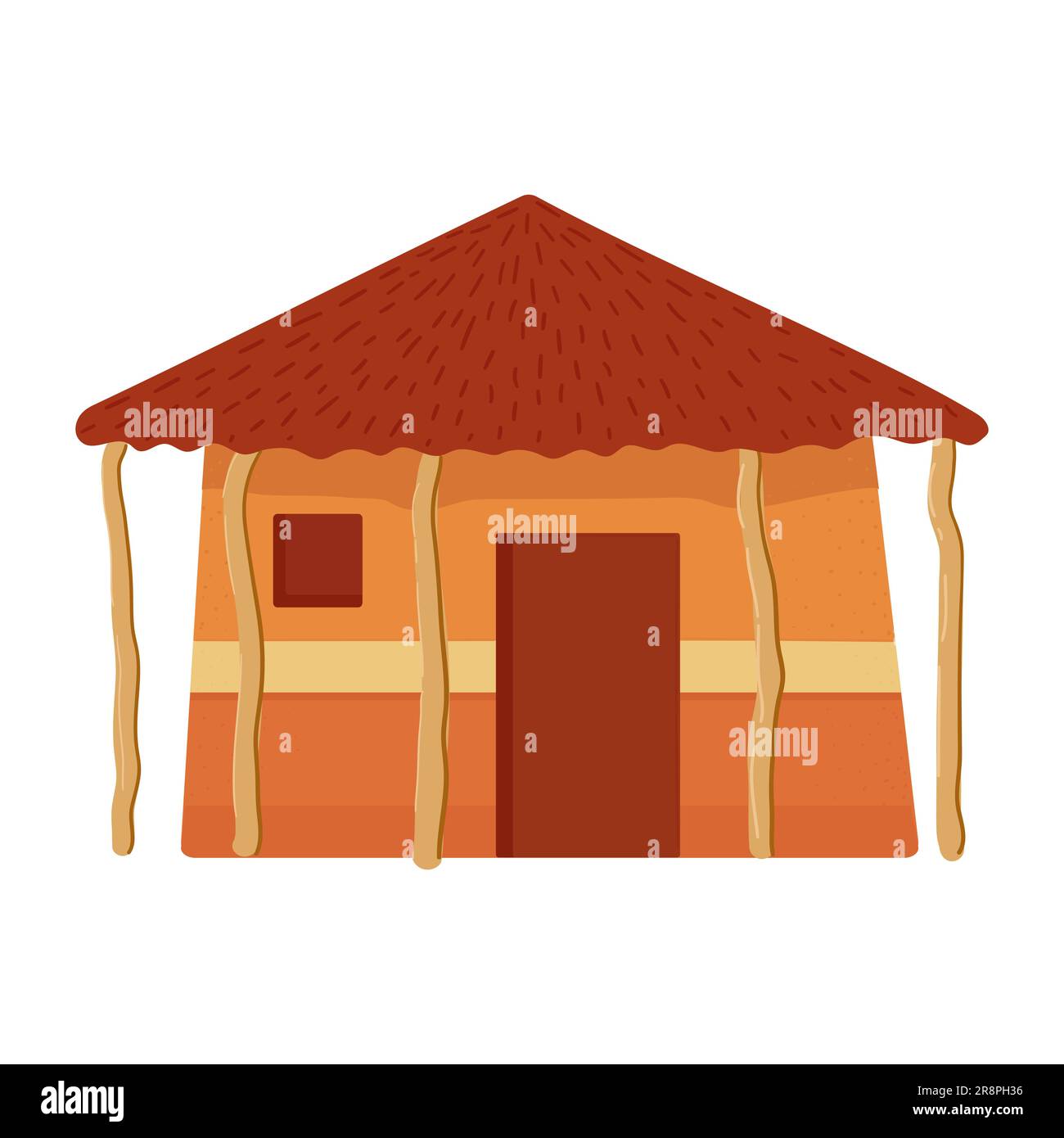 Bungalow with thatched roof. National hut or traditional home of inhabitants African tribes. Vector illustration in flat style. Isolated building on w Stock Vector