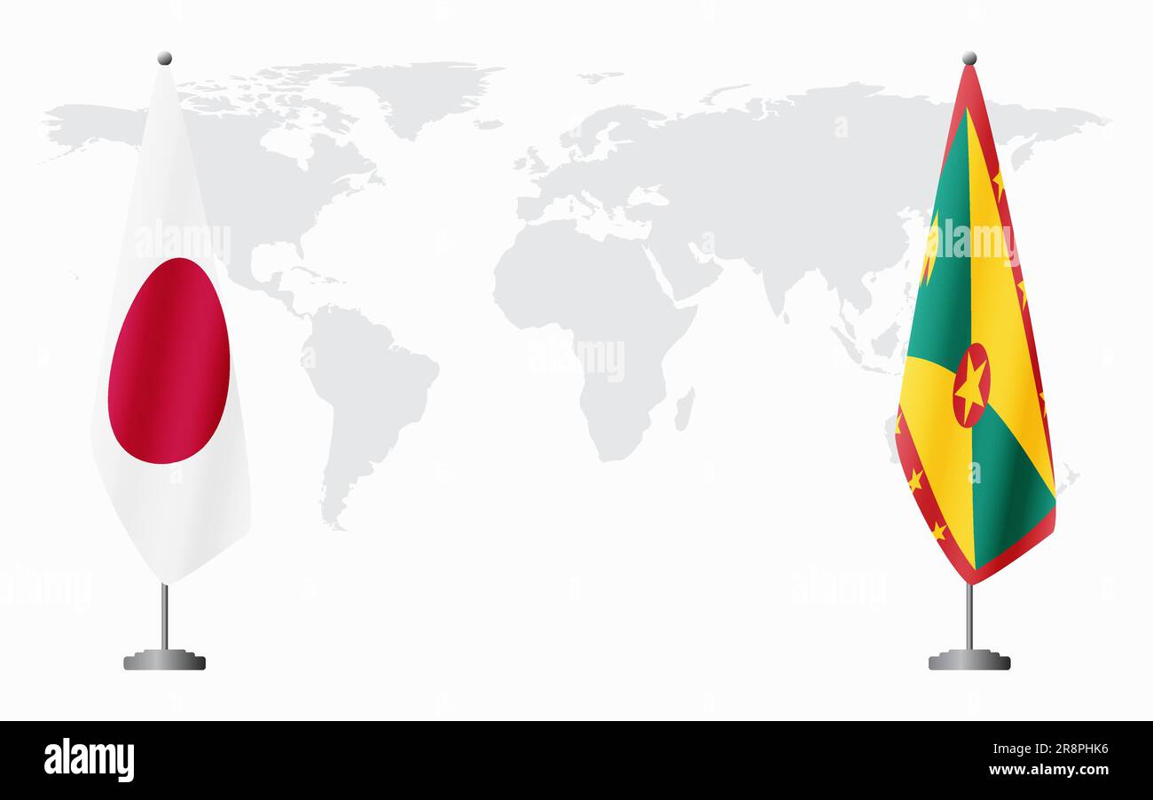 Japan and Grenada flags for official meeting against background of world map. Stock Vector