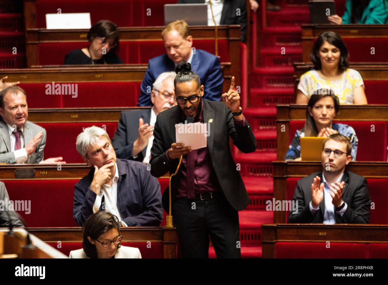 Frédéric Maillot (NUPES) speaks in the National Assembly during the session of questions to the government. Questions session for the government of Elisabeth Borne in the National Assembly, at the Palais Bourbon in Paris. Stock Photo