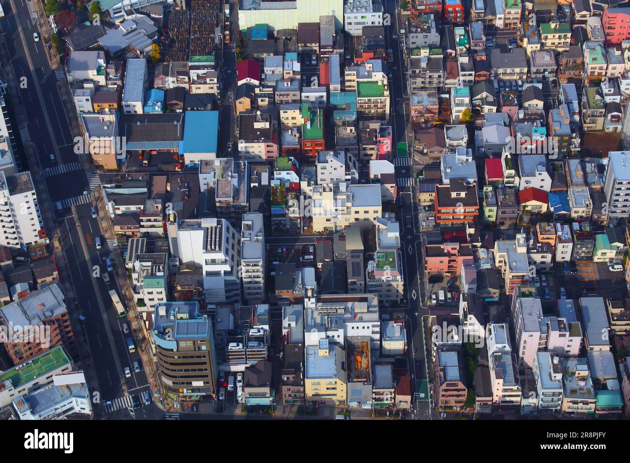 Tokyo urban chaos. Aerial view of Mukojima neighborhood in Sumida