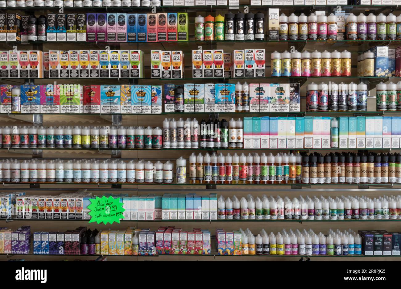 Lafayette - June 21, 2023: Flavored Vape Juices. The FDA is considering  vaping regulations to deter children from getting addicted to nicotine  Stock Photo - Alamy