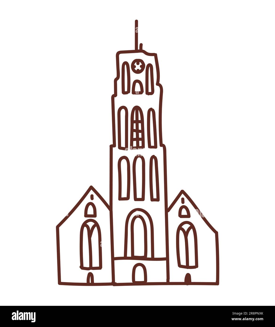 Hand drawn doodle church with a steeple and clock on the wall. Simple childish drawing isolated on white Stock Vector