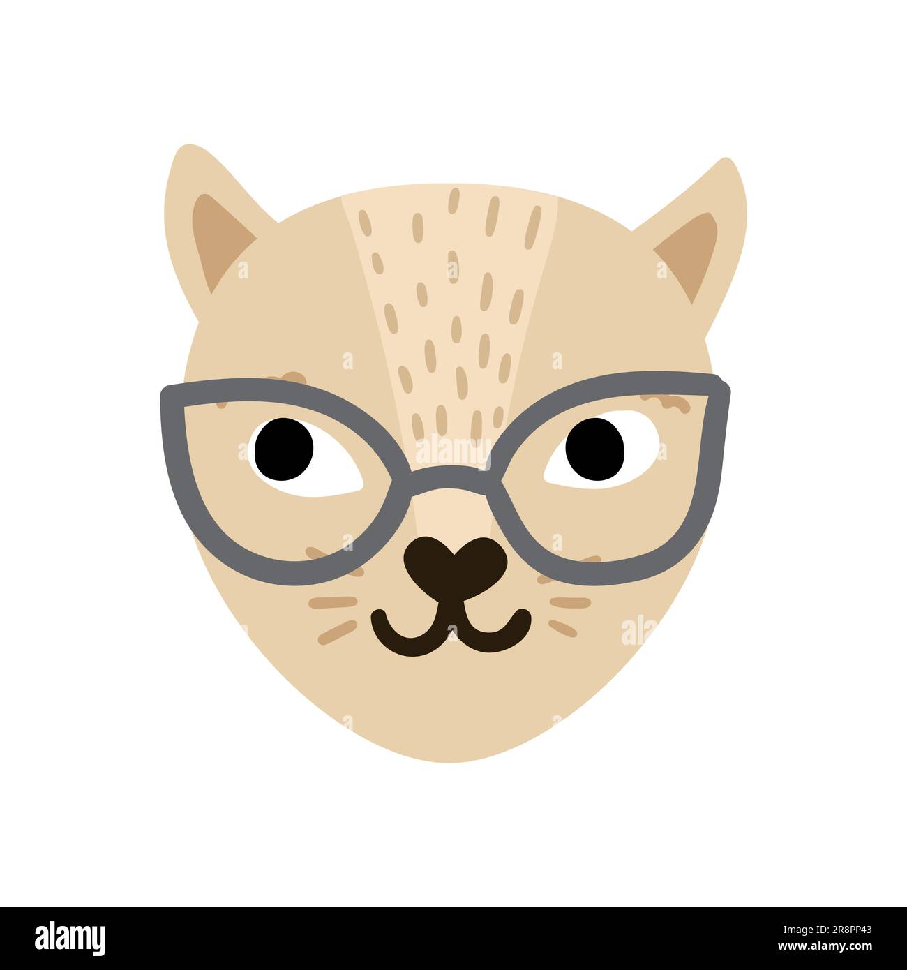 Cute hand drawn cat. Colored animal s face with nice elements, whiskers, eyes in sunglasses. Vectir illustration isolated on white Stock Vector