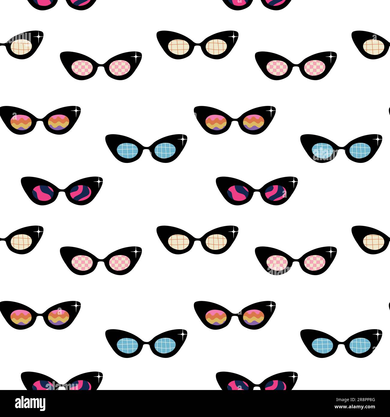 Seamless pattern with psychedelic sunglasses in style of 1970s. Cat form Retro groovy graphic elements of glasses with rainbow, lines and waves. Hippi Stock Vector