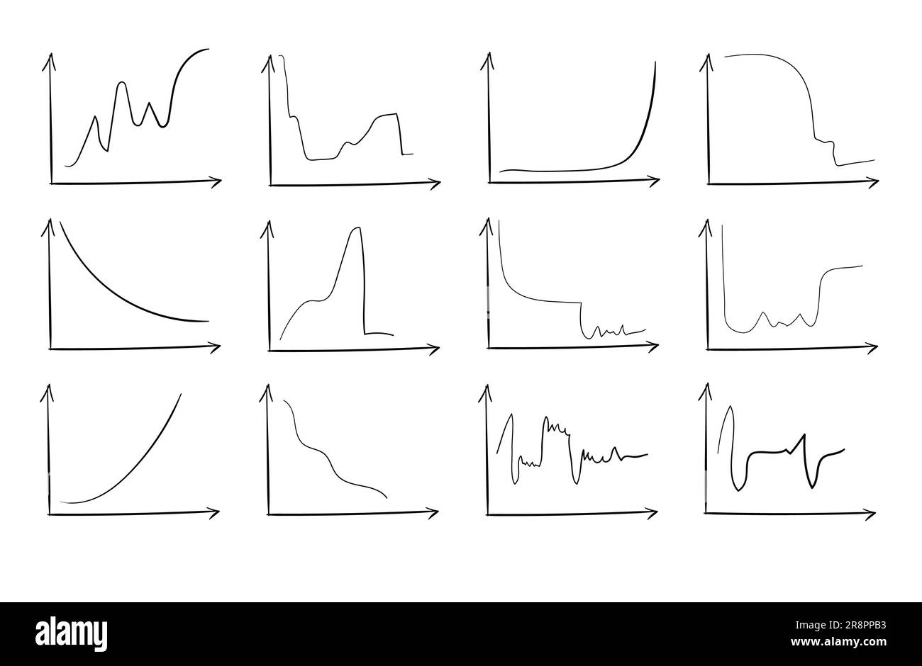 Business data market elements dot bar pie charts diagrams. Two arrows coordinates and curve line up, down, peak, bullish and bearish reversal, stock m Stock Vector