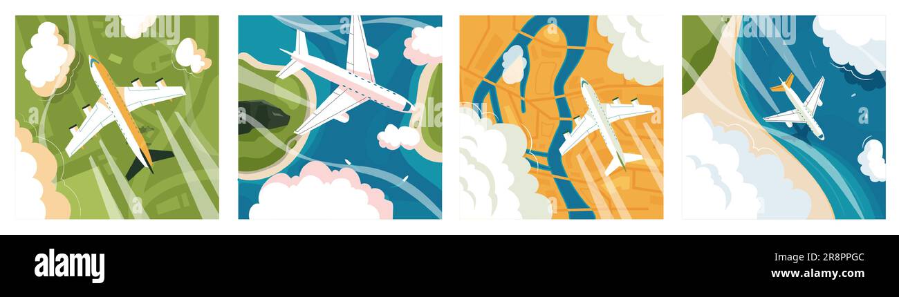 Airplane top view background. Square banner with aerial view of passenger plane flying over woods sea coast and green planes. Vector aviation aerial v Stock Vector