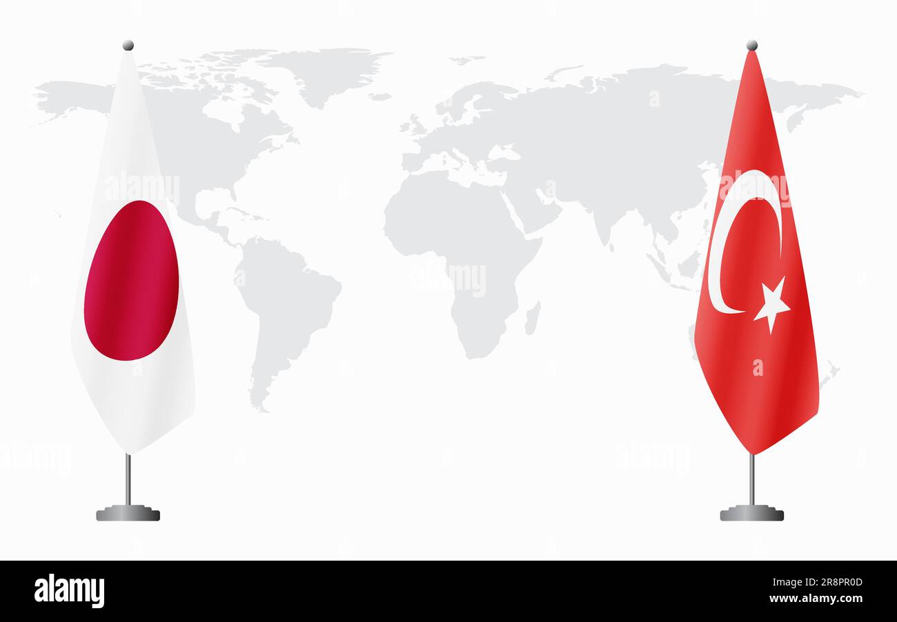 Japan and Turkey flags for official meeting against background of world