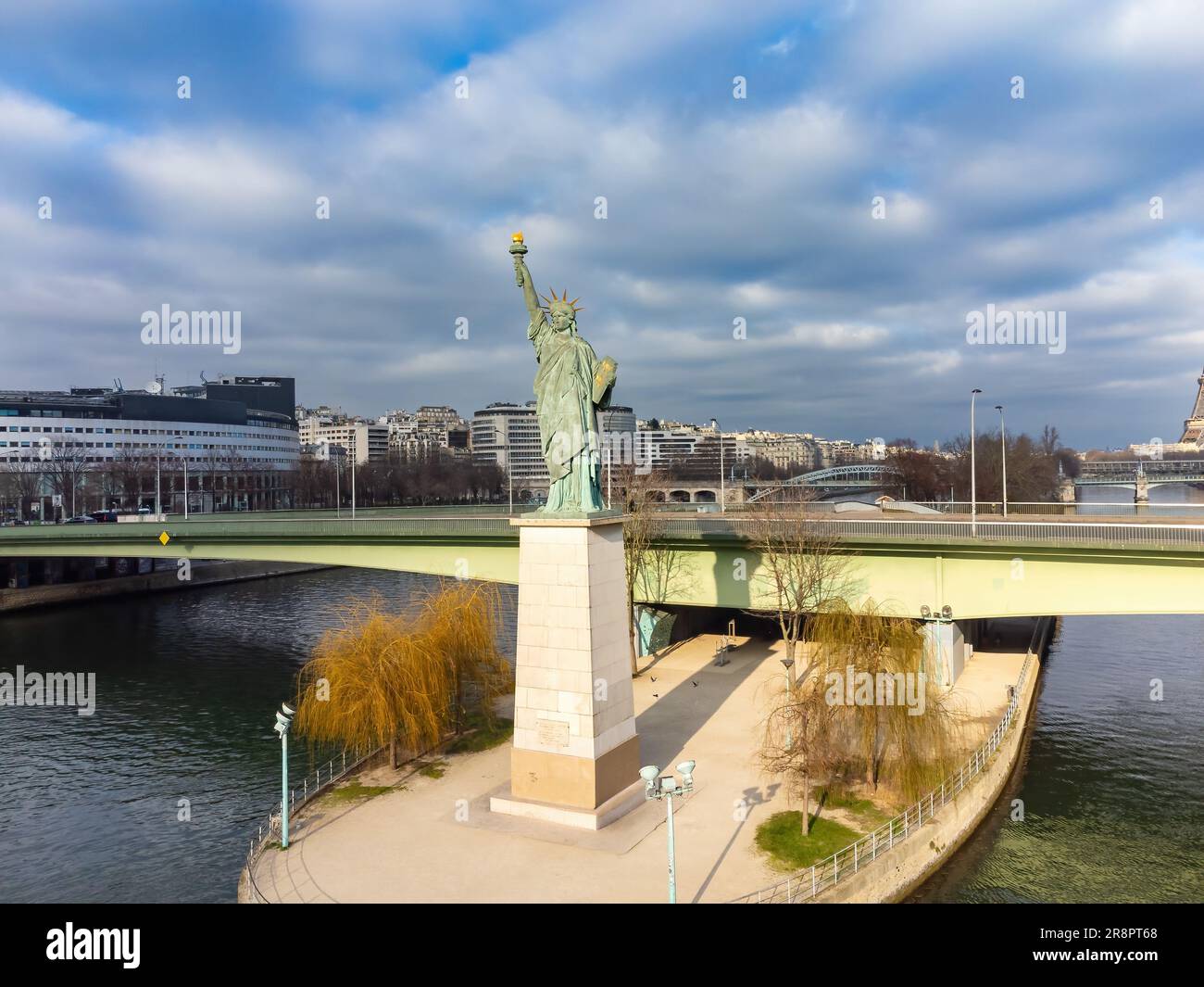 Aerial drone view of the the Statue of Liberty of Paris, France, with ...