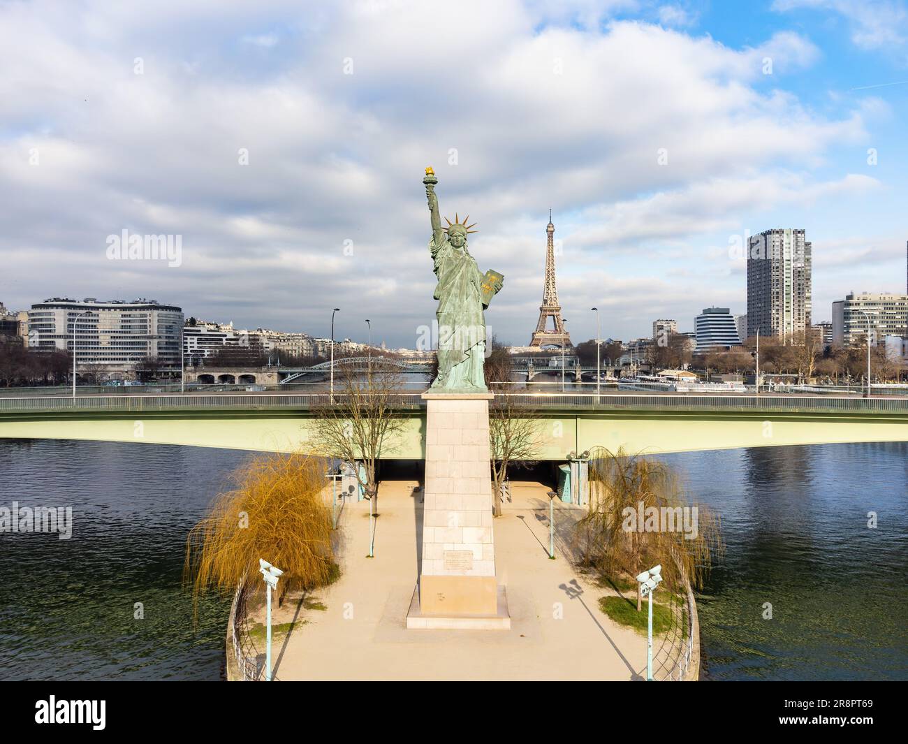 Aerial drone view of the the Statue of Liberty of Paris, France, with ...