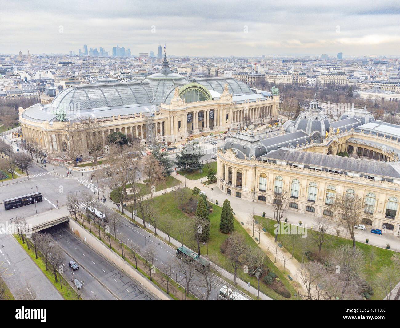 Aerial drone view of the Great Palace of the Elysian Fields (in French