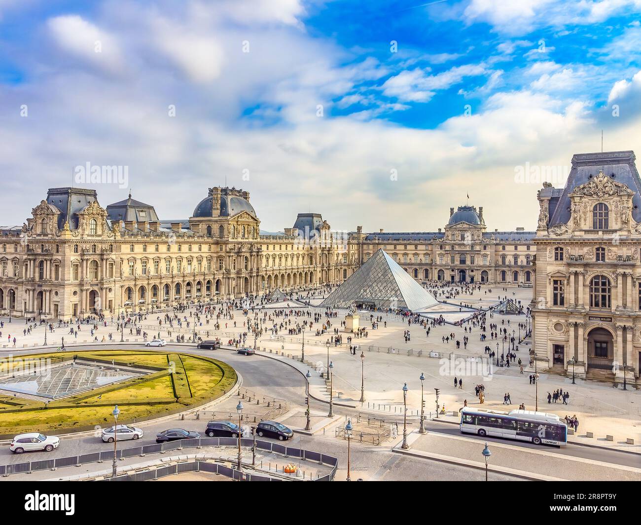 Aerial drone view of the Louvre palace and museum, one of the most iconic places in Paris, France Stock Photo