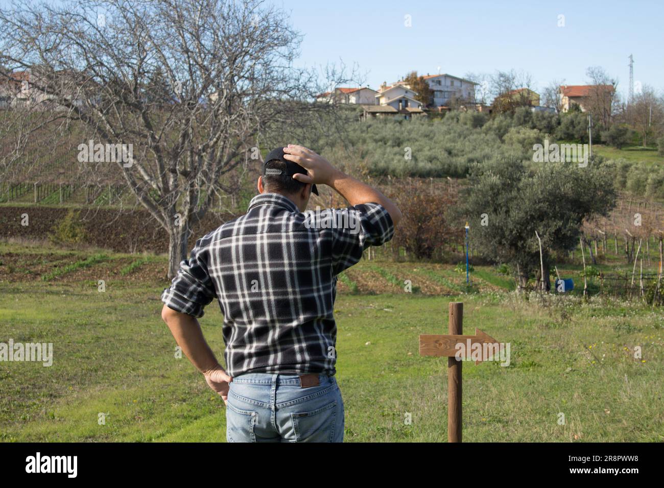 Image of a confused man from behind with a hand on his head, while observing a post with an arrow indicating the direction. Stock Photo