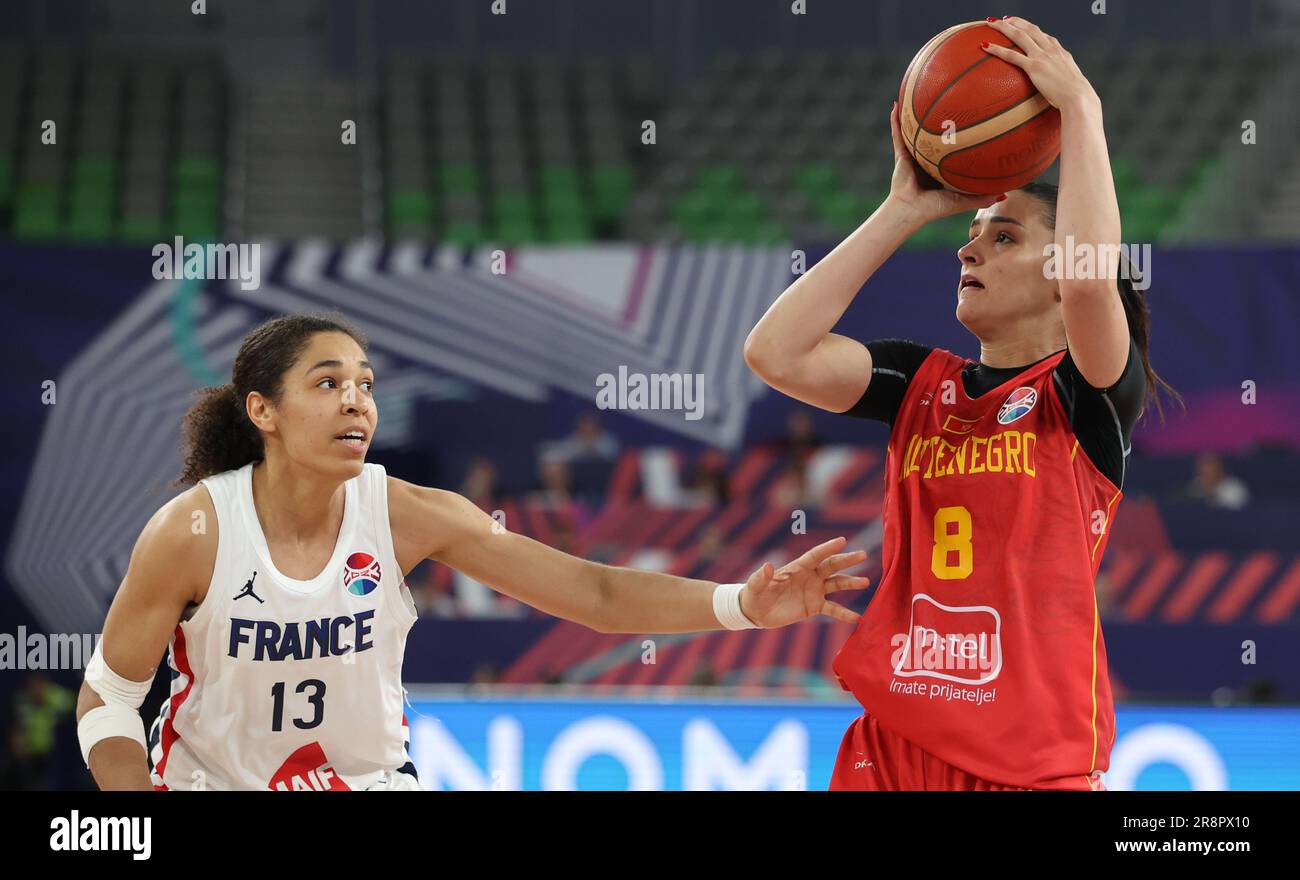 Ljubljana, Slovenia. 22nd June, 2023. France's Janelle Salaun and Montenegro's Dragana Zivkovic fight for the ball during a basketball game between France and Montenegro, in Ljubljana, Slovenia on Thursday 22 June 2023, the quarterfinals of the FIBA Women EuroBasket 2023 European Championships in Israel and Slovenia. BELGA PHOTO VIRGINIE LEFOUR Credit: Belga News Agency/Alamy Live News Stock Photo