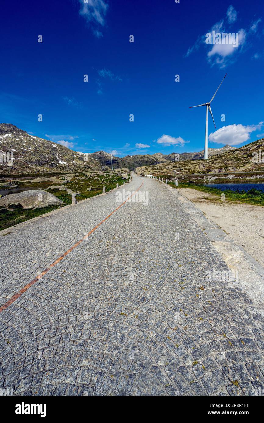 The old road Tremola to Gotthardpass, Passo del St. Gottardo, cobble stone paving, Airolo, Tessin, Switzerland Stock Photo