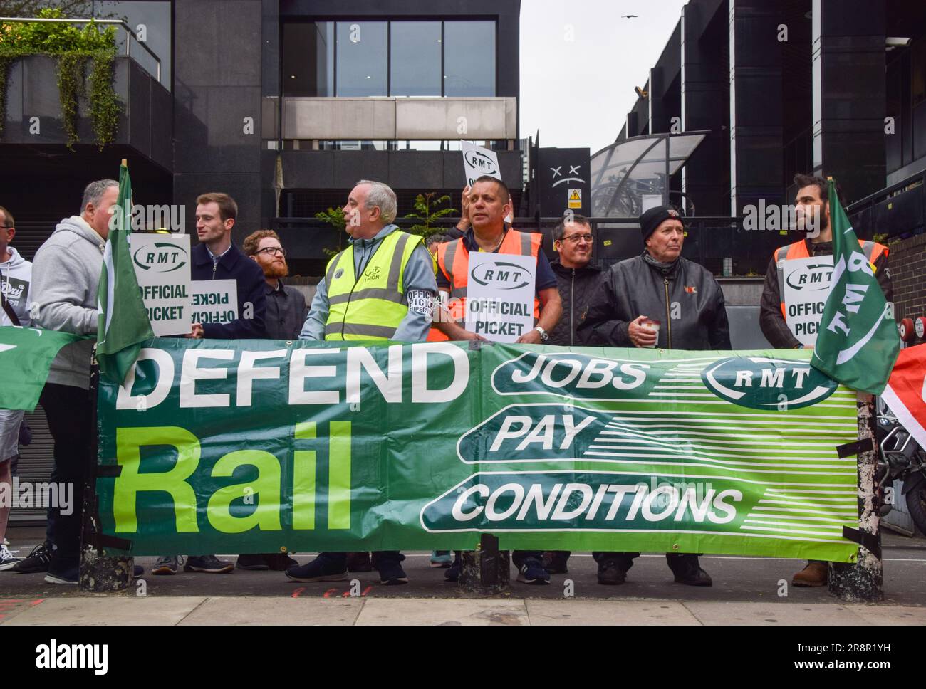 London, UK. 2nd June 2023. RMT members stand at the picket line outside Euston Station as rail