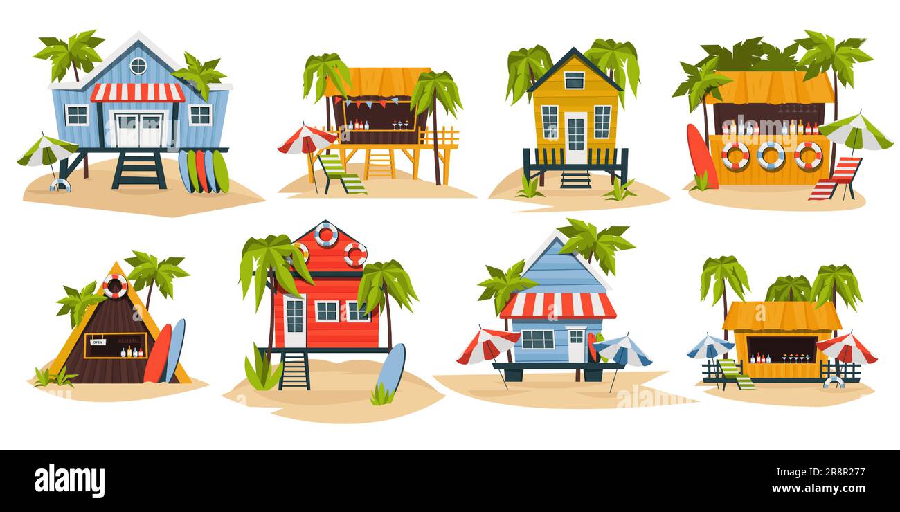 Bungalow on beach set. Tropical island house with palm trees, beach hut ...