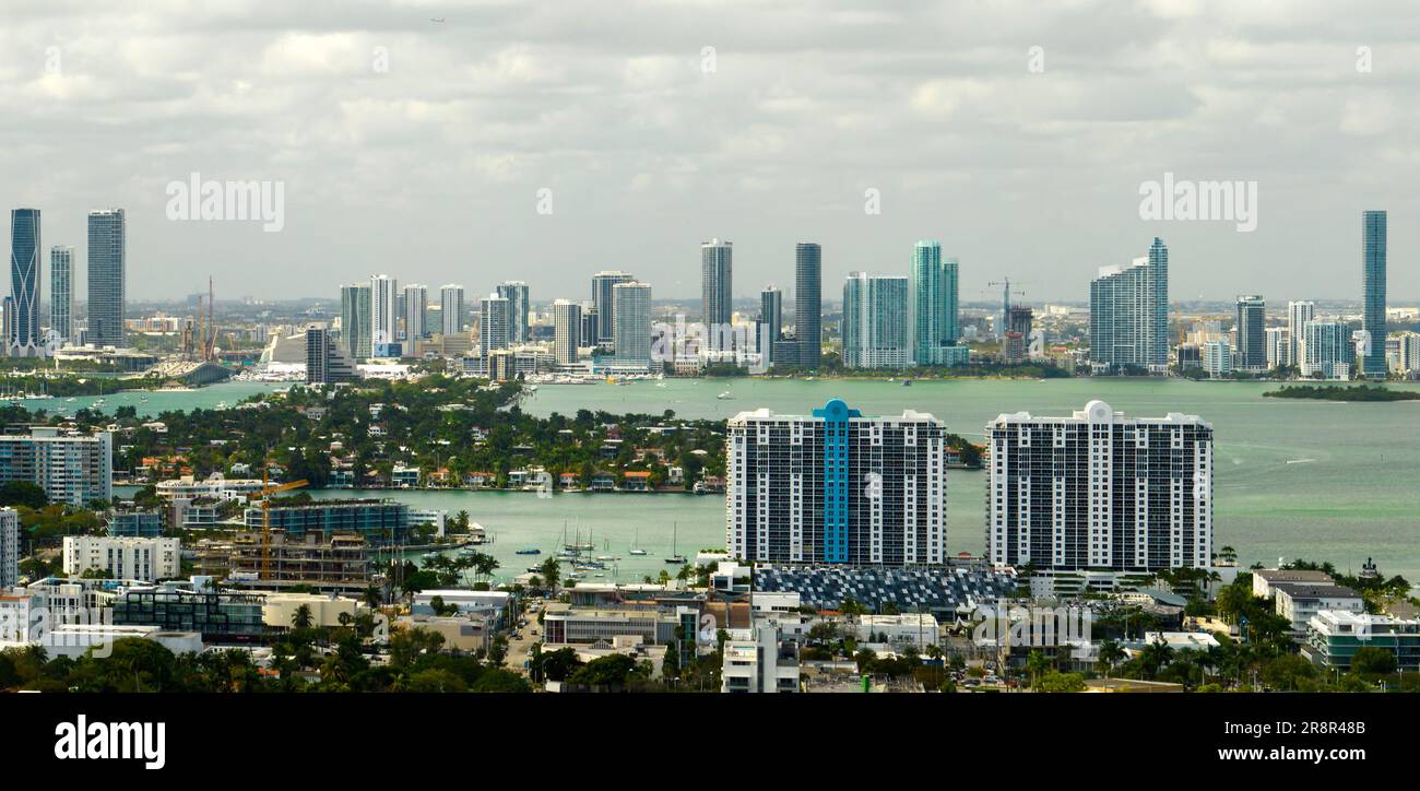 Aerial view of downtown office district of Miami in Florida, USA on
