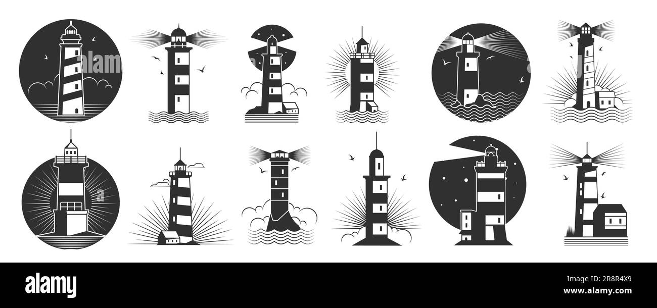 Black lighthouse labels. Symbol lighthouse silhouettes for navigation