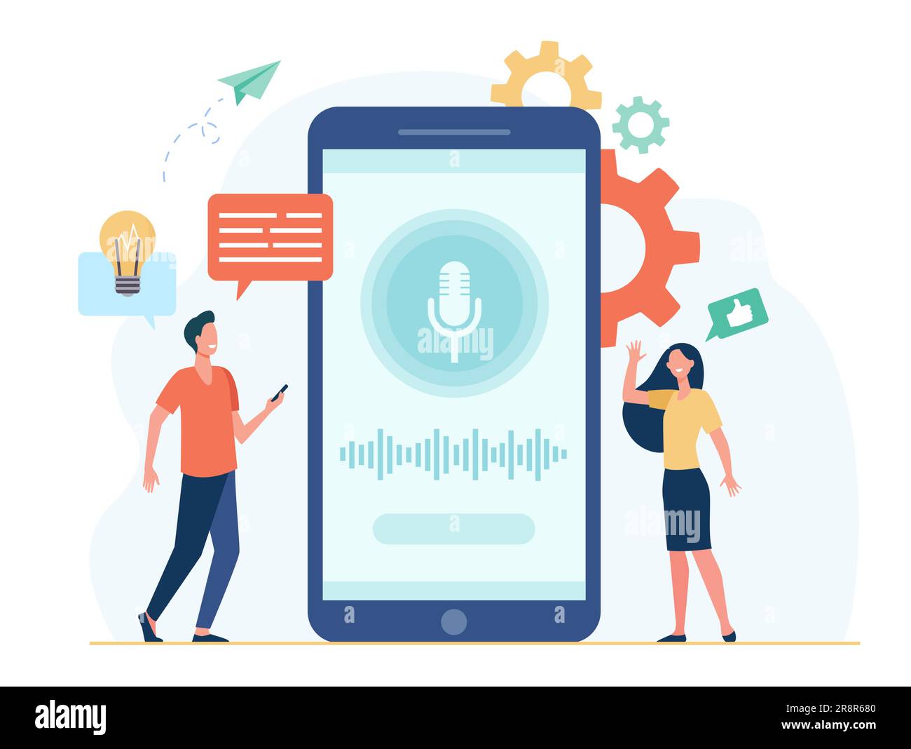 People with mobile phones using smart voice assistant Stock Vector