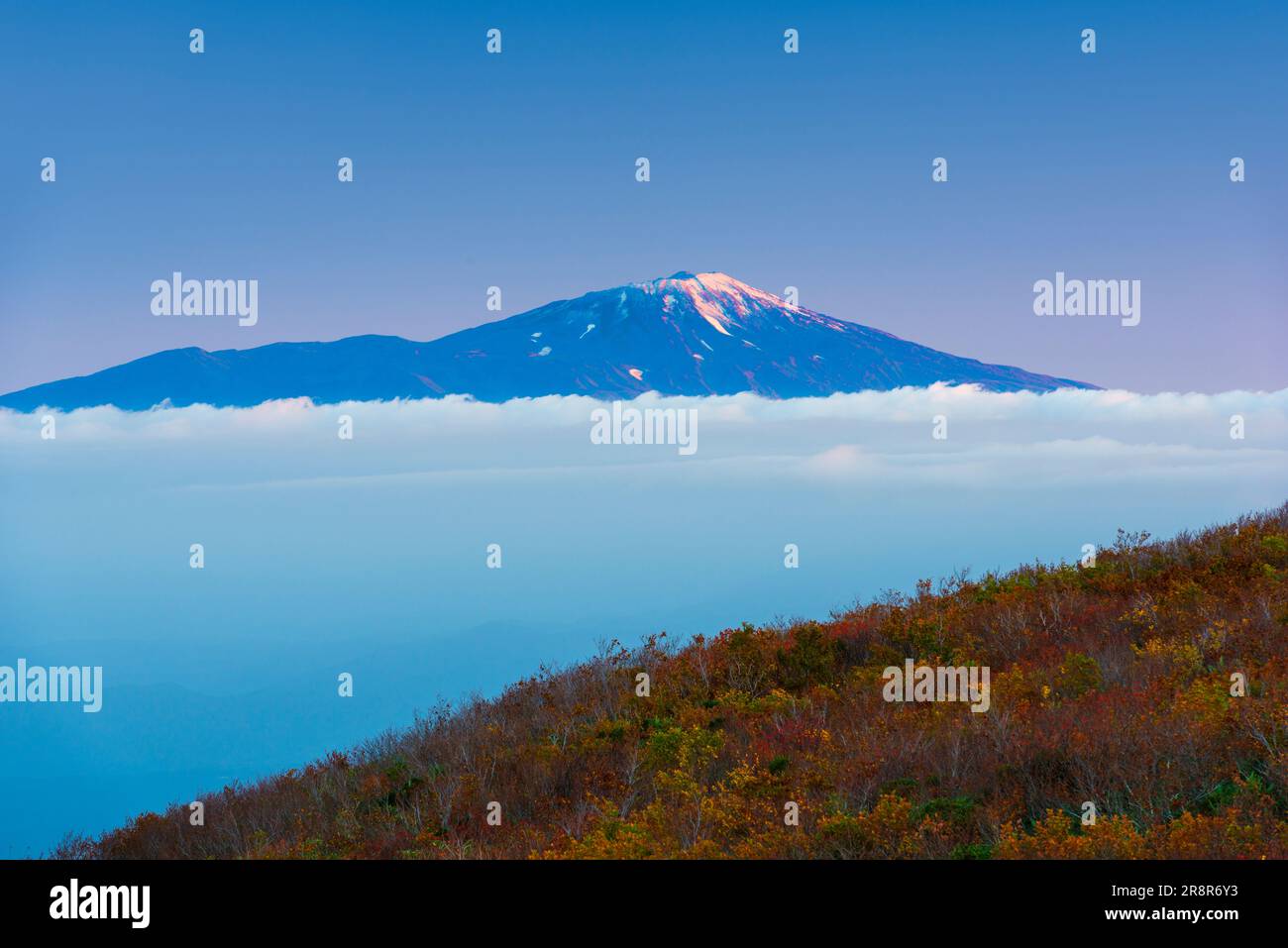 Morning sea of clouds and Mount Chokaizan from Mount Gassan Stock Photo