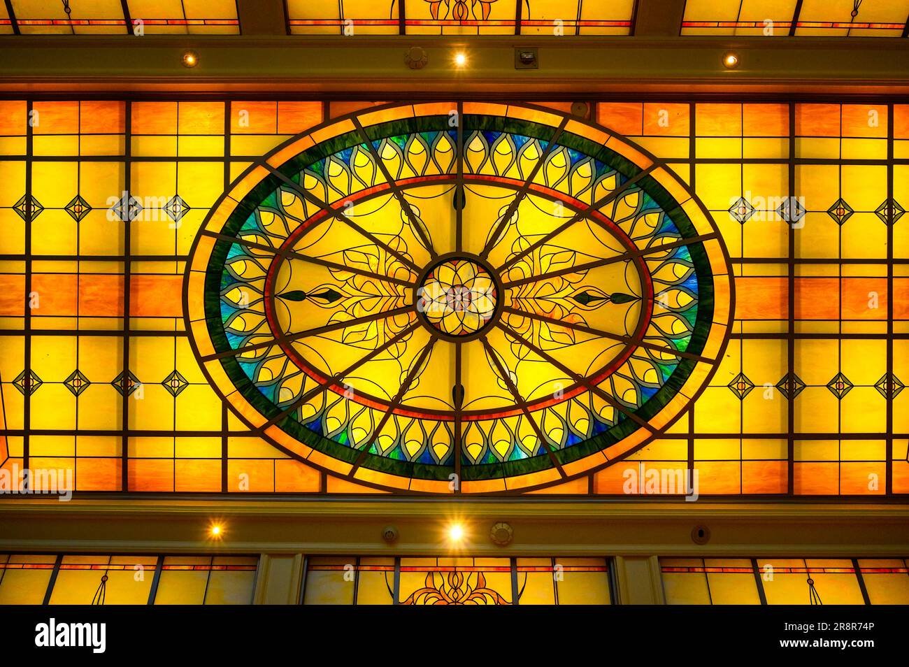 Fallsview Casino Resort, Niagara Falls City, Canada. Illuminated stained-glass ceiling at the casino entrance. Directly below the point of view Stock Photo
