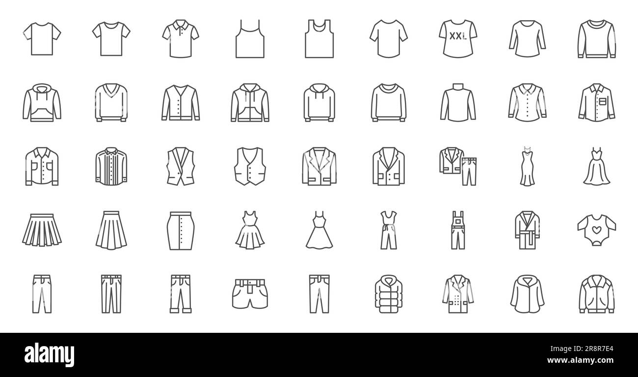 Clothes line icons set. Sweatshirt, hoody, pullover, bathsuit, jacket, evening dress, cardigan, trousers visualization vector illustration. Outline Stock Vector