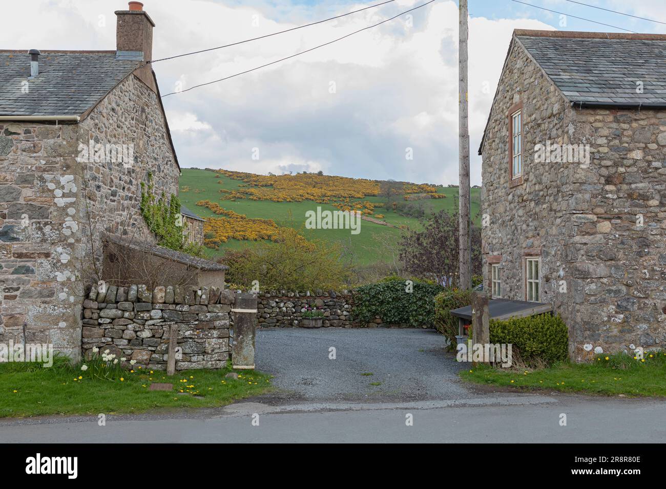 Looking between two farm buildings at gorse on a hillside Stock Photo