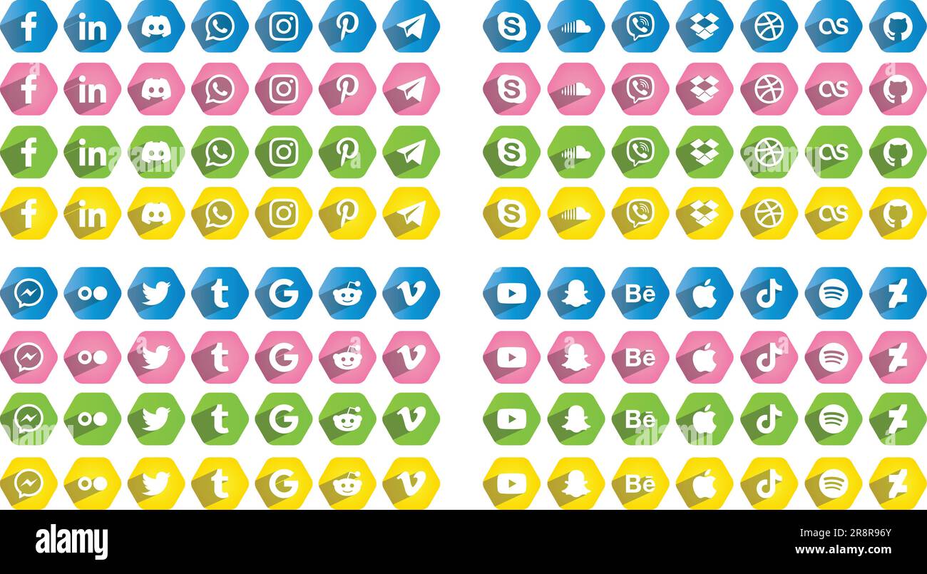 Colorful hexagon social media icons, logos 1 Stock Vector