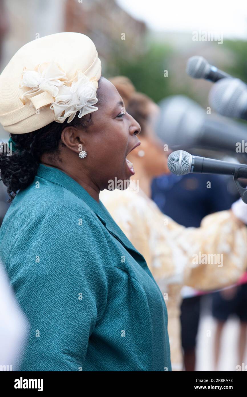 London, UK. 23rd June, 2023. Members of the Brixton-based Pegasus Opera perform in Windrush Square as part of events to mark the 75th anniversary of the Empire Windrush docking at Tilbury. Credit: Anna Watson/Alamy Live News Stock Photo