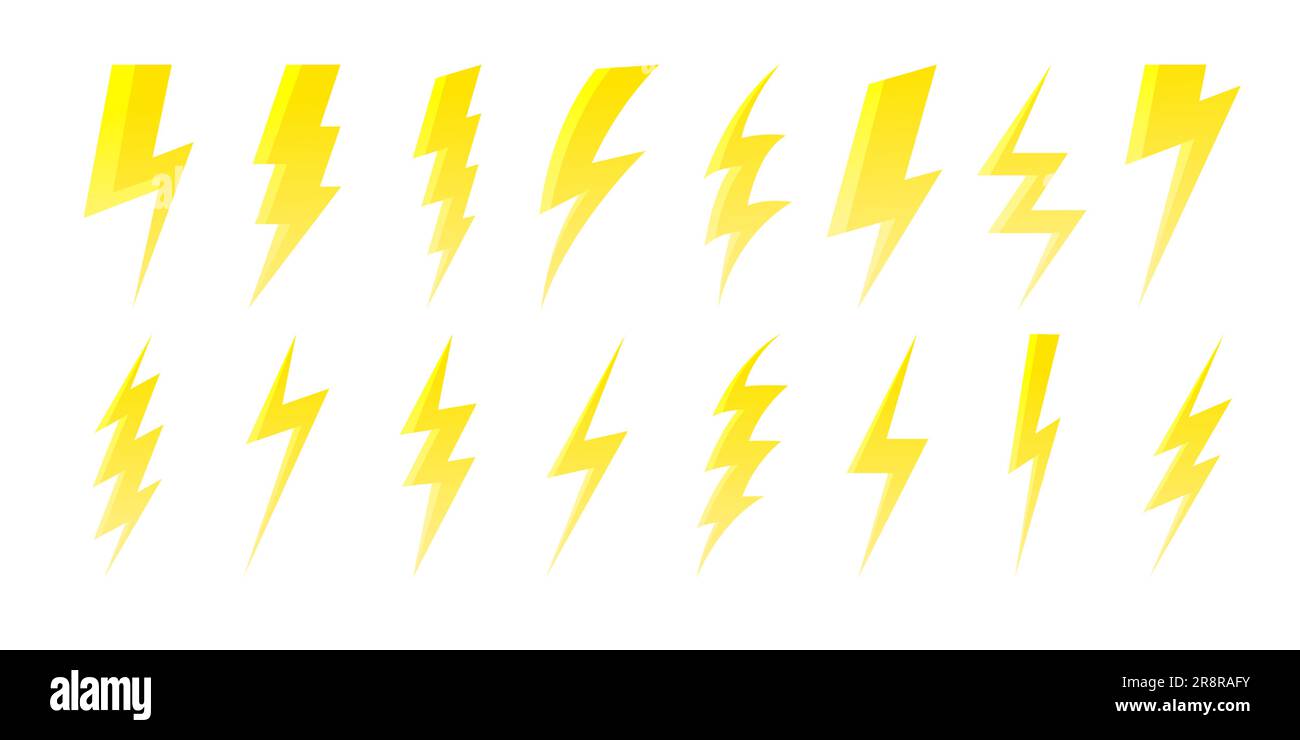 Cartoon yellow lightning bolt. Fast shiny electric arrow symbols