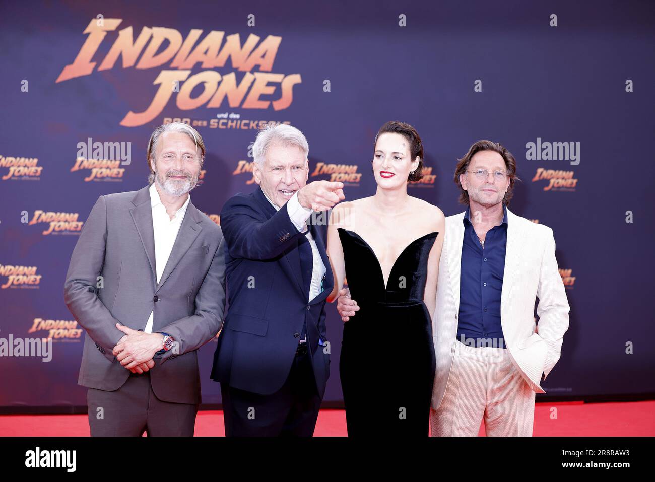 Mads Mikkelsen, Harrison Ford, Phoebe Waller-Bridge and Thomas Kretschmann attend the „Indiana Jones and the Dial of Destiny“ premiere at Zoo Palast o Stock Photo