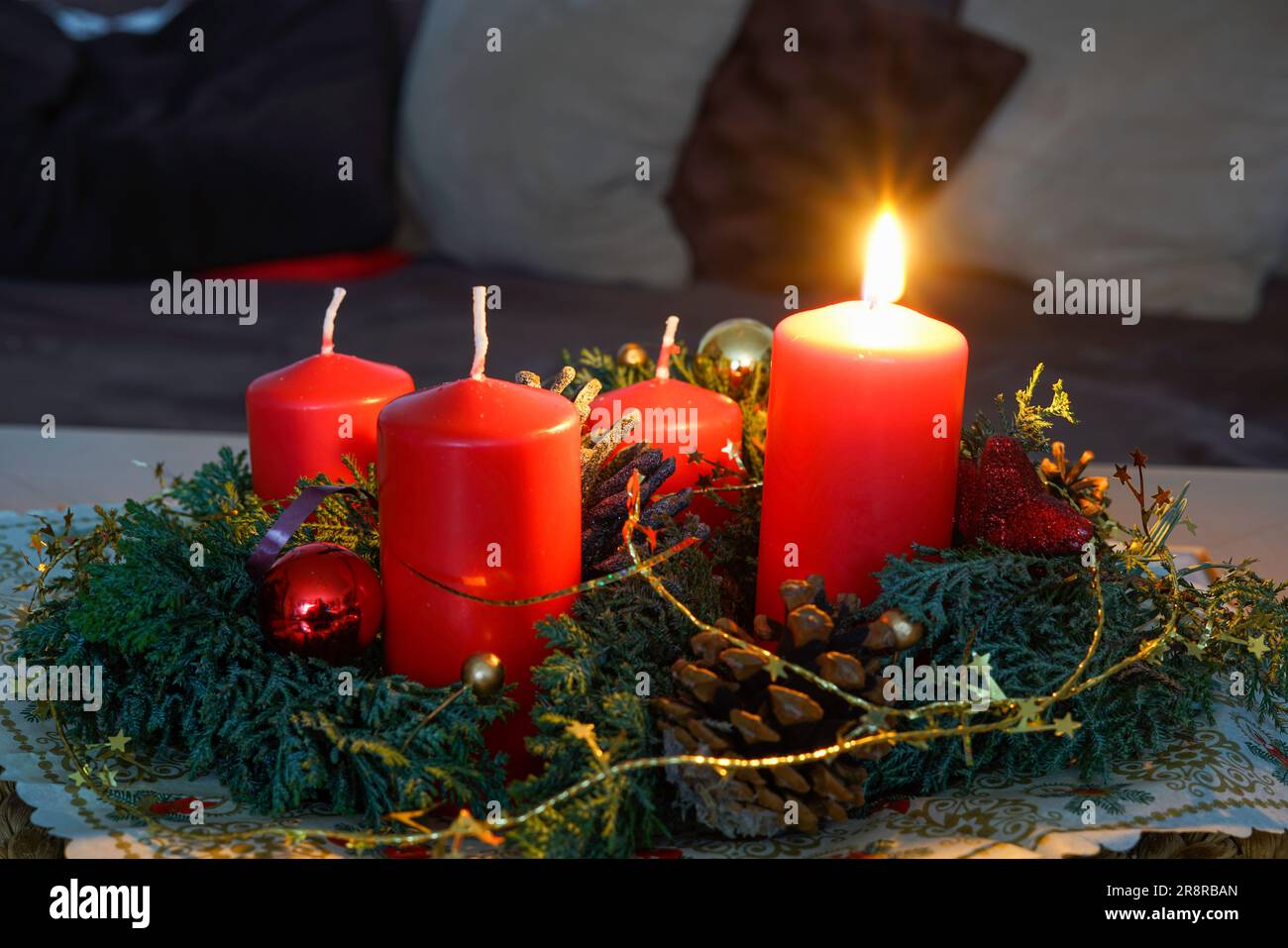 Christmas with red candles and christmas tree balls and green fir ...