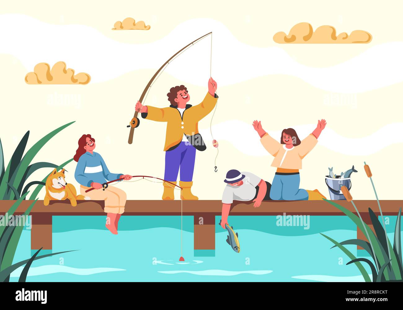 Children fishermen. Child fishing, happy kids catch fish on lake or