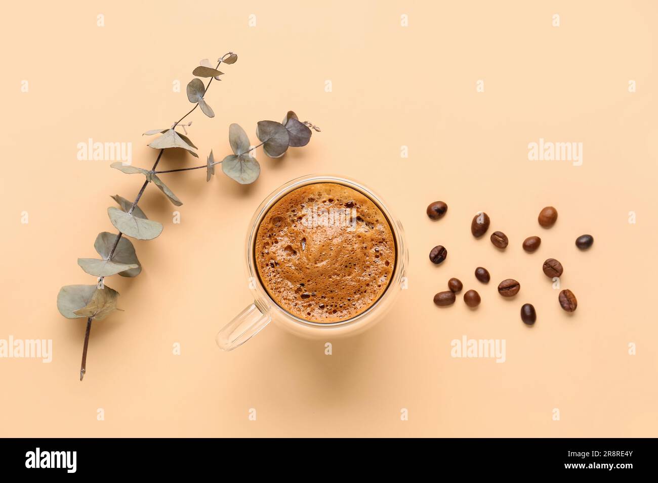 Glass cup of hot espresso and coffee beans with eucalyptus on beige background Stock Photo