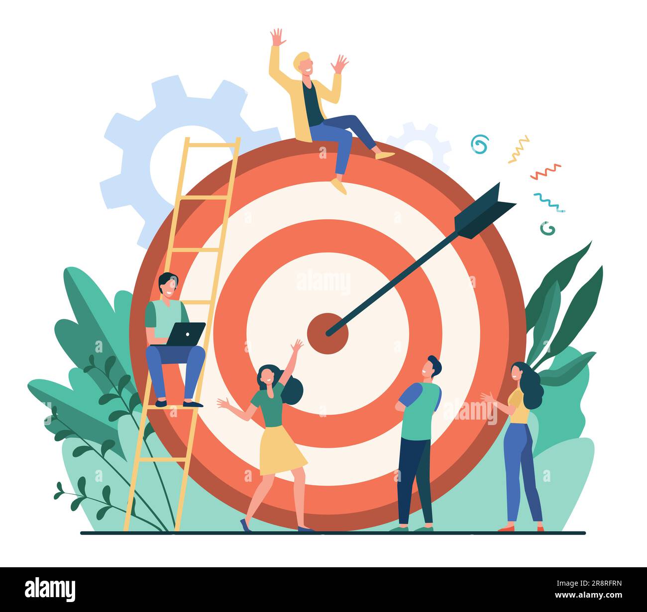 Positive tiny people sitting and walking near huge target Stock Vector ...