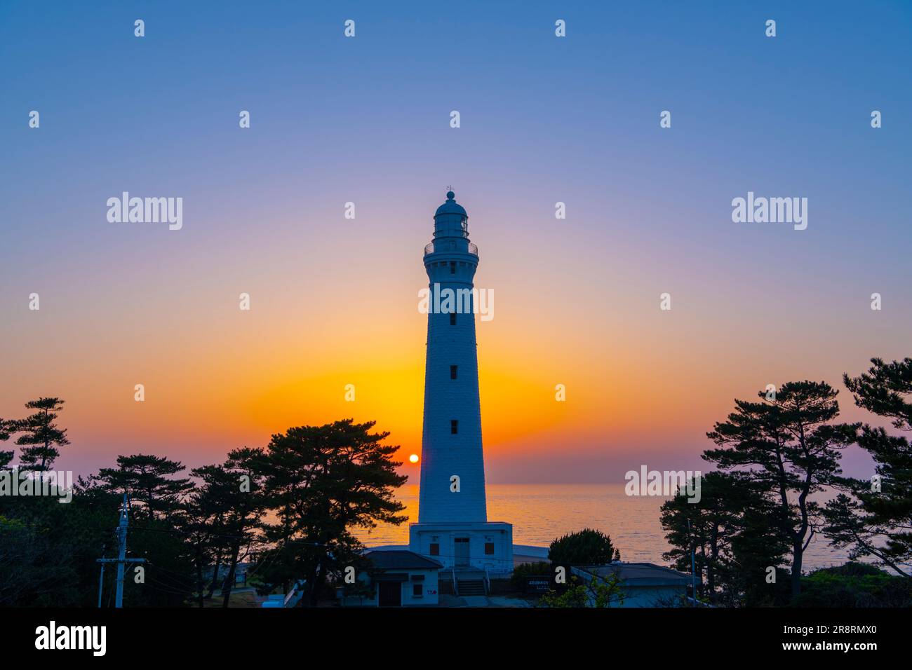 Nigimizaki Lighthouse and Sunset Stock Photo