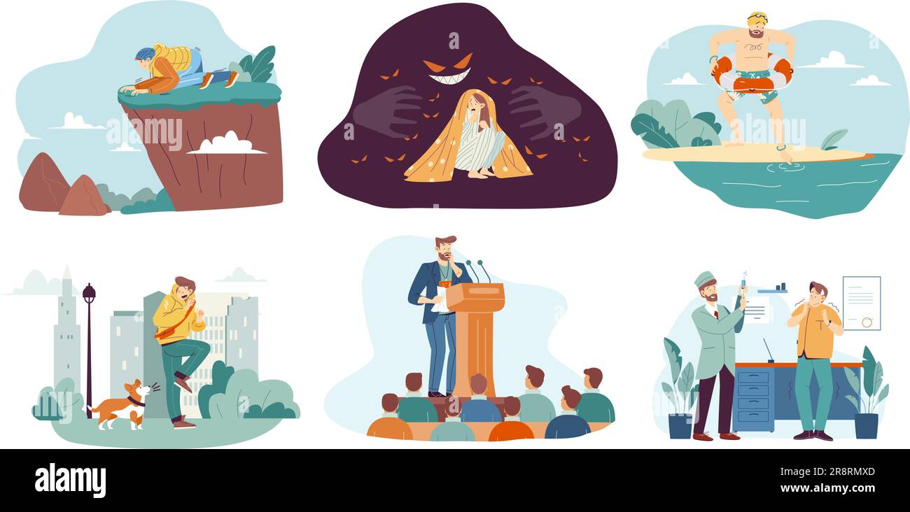 Different phobias. Scared people with emotional disorder feeling panic