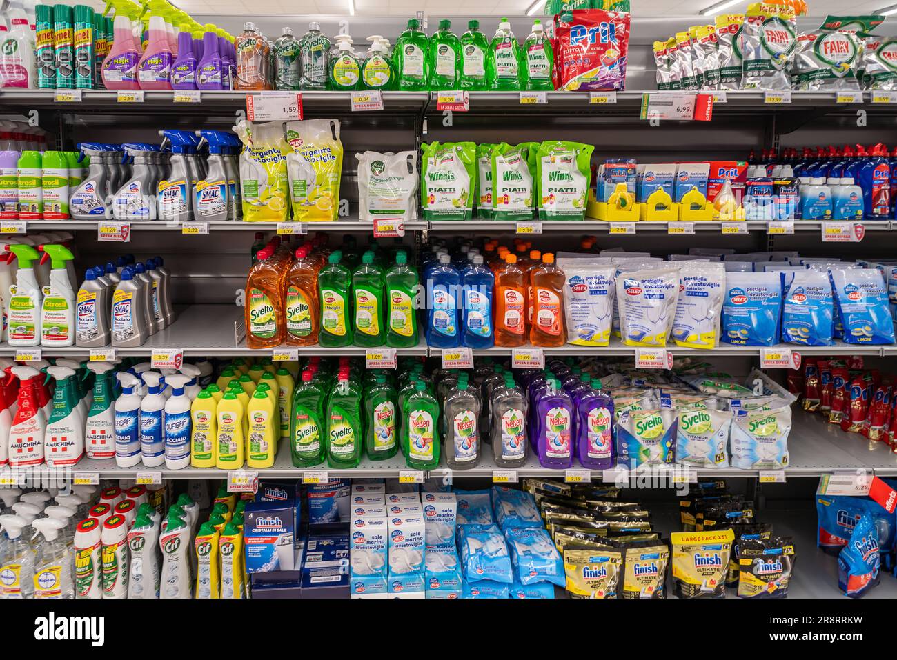 Italy June 22, 2023 Dishwasher and dishwasher detergent of various