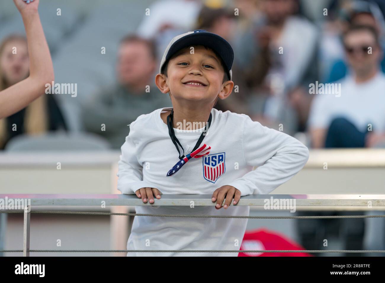 San Diego, USA. 21st June, 2023. A young fan cheering on USA at the World Lacrosse Men's Championship opening game USA vs Canada at Snapdragon Stadium. Credit: Ben Nichols/Alamy Live News Stock Photo