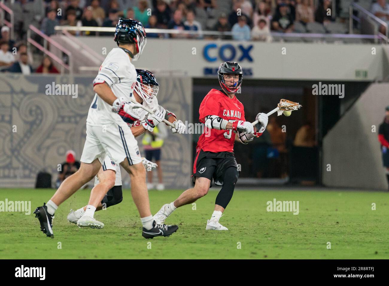 San Diego, USA. 21st June, 2023. Connor Fields (5) carrys the ball at the World Lacrosse Men's Championship opening game USA vs Canada at Snapdragon Stadium. Credit: Ben Nichols/Alamy Live News Stock Photo