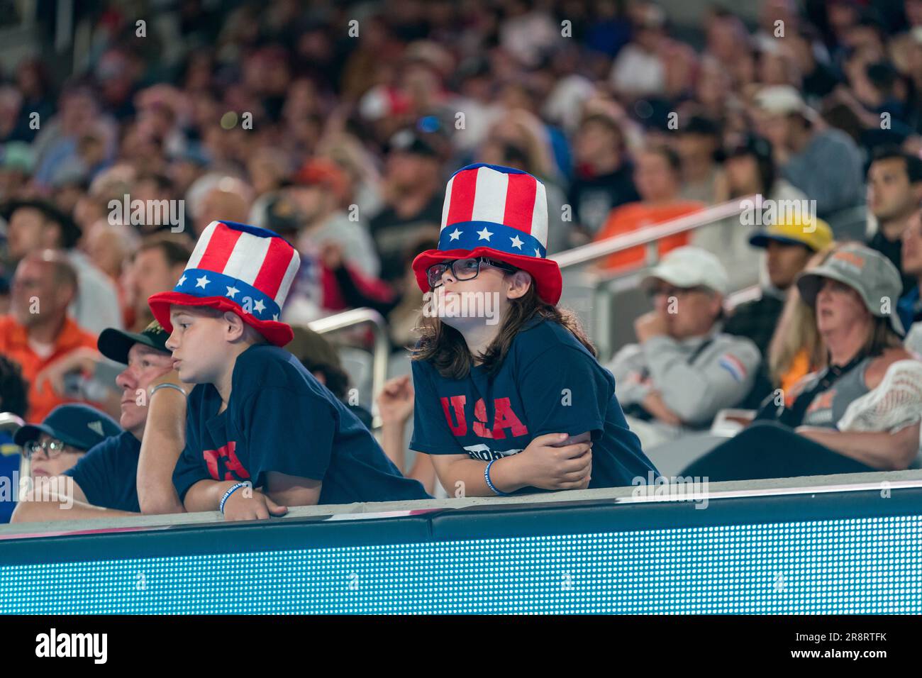 San Diego, USA. 21st June, 2023. Fans cheering on USA at the  World Lacrosse Men's Championship opening game USA vs Canada at Snapdragon Stadium. Credit: Ben Nichols/Alamy Live News Stock Photo