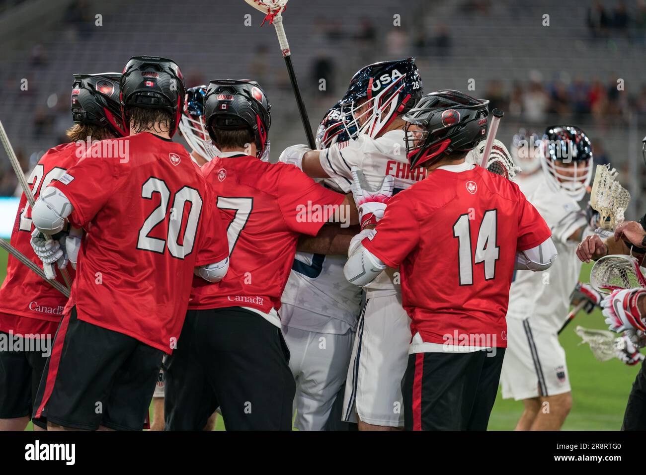 San Diego, USA. 21st June, 2023. Tempers flared at the end of the World Lacrosse Men's Championship opening game against USA vs Canada at Snapdragon Stadium. Credit: Ben Nichols/Alamy Live News Stock Photo