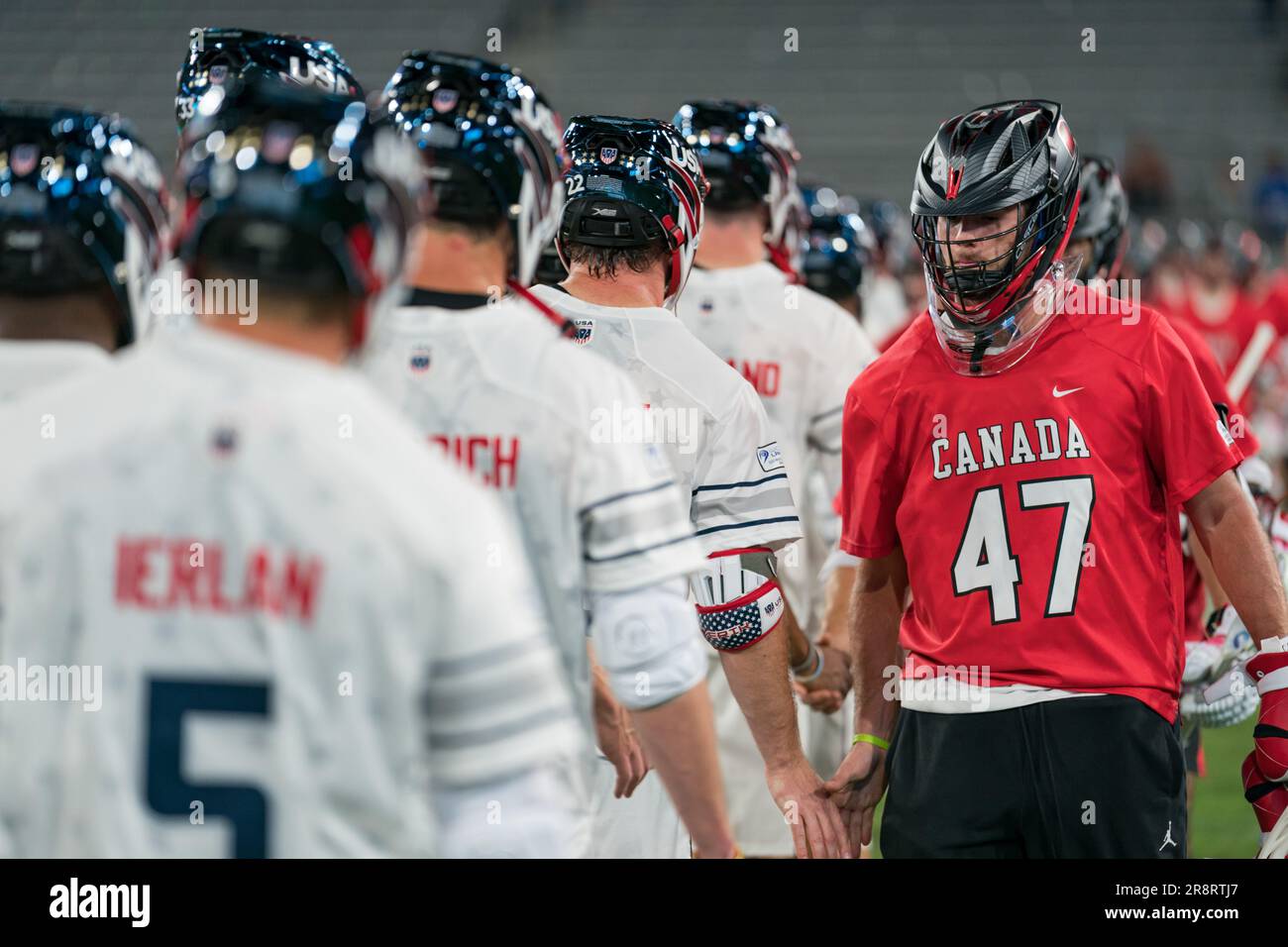 San Diego, USA. 21st June, 2023. Canadian goalie Brett Dobson (47) in the handshake line after the World Lacrosse Men's Championship opening game USA vs Canada at Snapdragon Stadium. Credit: Ben Nichols/Alamy Live News Stock Photo