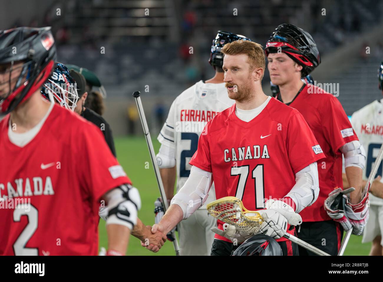 San Diego, USA. 21st June, 2023. Curtis Dickson (71) in the handshake line after the World Lacrosse Men's Championship opening game USA vs Canada at Snapdragon Stadium. Credit: Ben Nichols/Alamy Live News Stock Photo