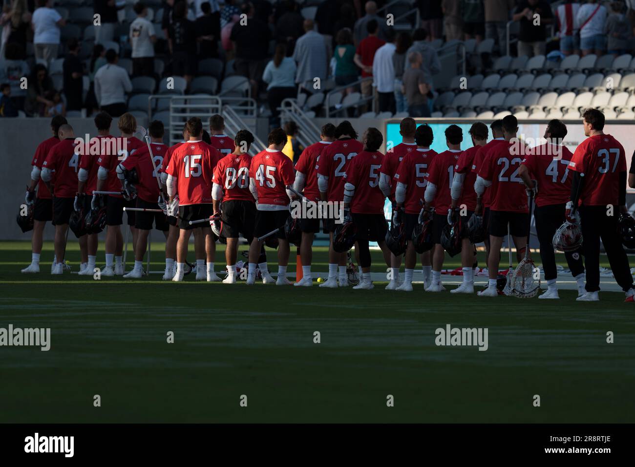 San Diego, USA. 21st June, 2023. Canada during the national anthems before the  World Lacrosse Men's Championship opening game USA vs Canada at Snapdragon Stadium. Credit: Ben Nichols/Alamy Live News Stock Photo