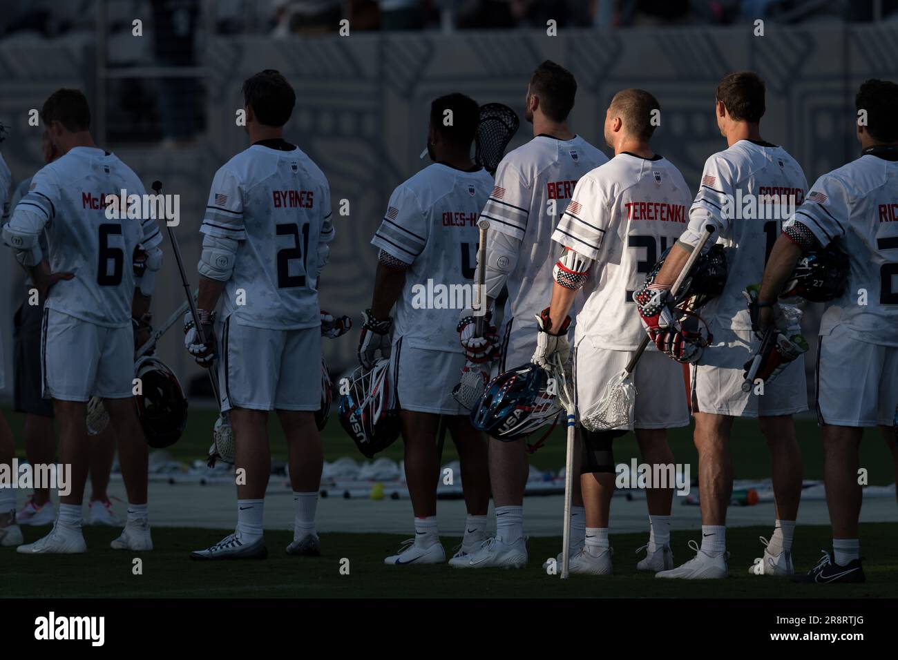 San Diego, USA. 21st June, 2023. USA during the national anthems before the  World Lacrosse Men's Championship opening game USA vs Canada at Snapdragon Stadium. Credit: Ben Nichols/Alamy Live News Stock Photo