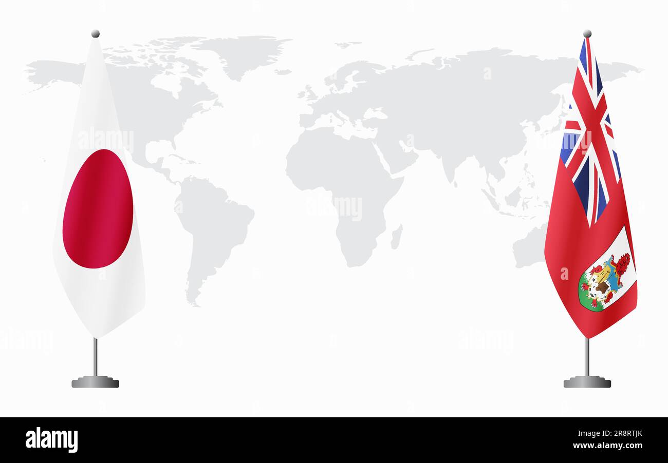 Japan and Bermuda flags for official meeting against background of world map. Stock Vector