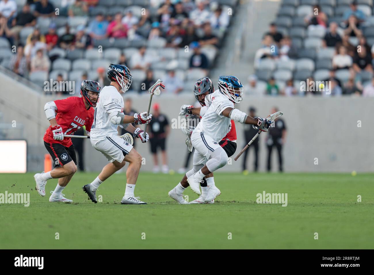San Diego, USA. 21st June, 2023. USA wins a faceoff at the World Lacrosse Men's Championship opening game USA vs Canada at Snapdragon Stadium. Credit: Ben Nichols/Alamy Live News Stock Photo